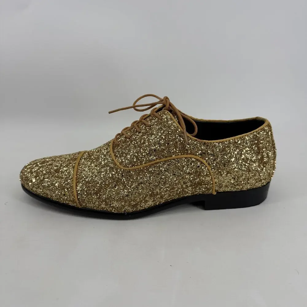 Amali Shoes Mens Size 9.5 Gold Glitter Cap Toe Dress Oxford Lawrence-035